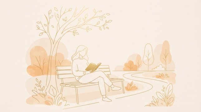 Woman reading book while sitting on park bench. Outline illustration of girl resting in garden under tree. Calm lifestyle, peaceful leisure activity and relaxation concept art design.