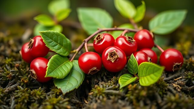 checkerberry. Checkerberry fruits and green leaves on forest moss, wild nature and harvest concept, representing seasonal cycles and harvest abundance.