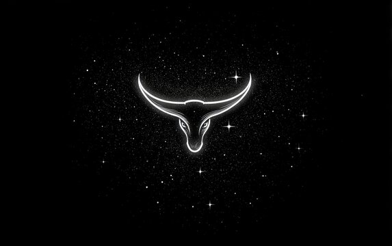 A glowing white silhouette of a bull's head and horns amidst a black night sky with scattered stars