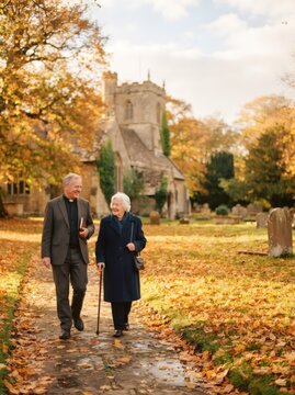 Priest and senior woman walking together on pathway in churchyard during autumn. Religious support and community care concept. Clergyman offering guidance to elderly parishioner outdoors.