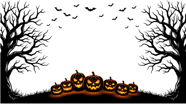 Spooky halloween background featuring glowing jack o lanterns with scary faces and dark silhouettes of trees