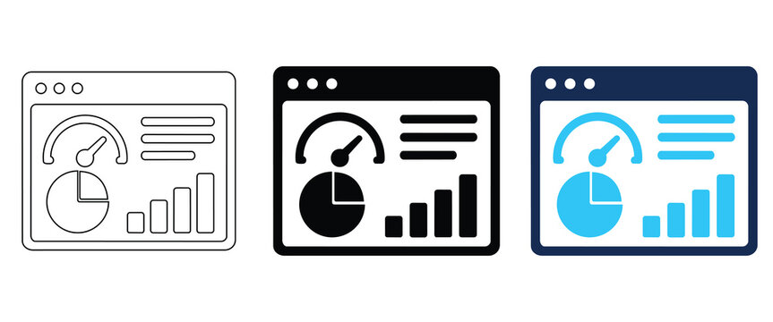 Dashboard icon set, web analytics and data visualization symbols, vector illustration of business performance monitoring interface, editable stroke