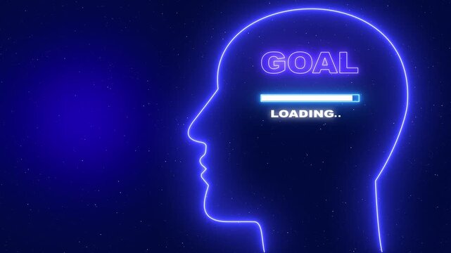 Goal Neon blue outline of a human head profile with the word Server Security and a loading bar on a dark blue starry background