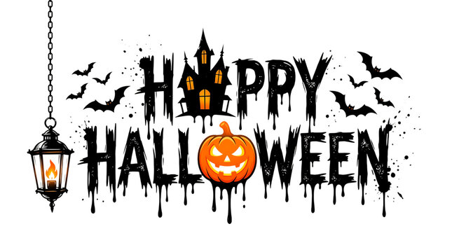 Happy halloween text design with a spooky haunted house lantern and a carved orange pumpkin