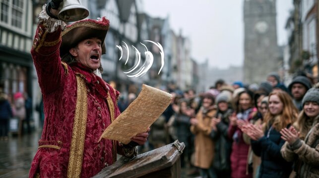 Town crier in red and gold robe ringing bell while reading proclamation to applauding crowd