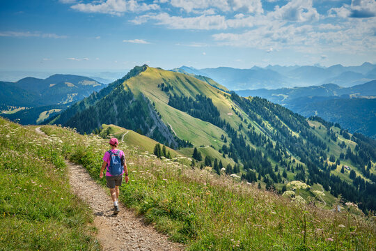 Active senior woman hiking along the scenic ridge of the Nagelfluh mountain range in the Allgaeu Alps with panoramic alpine views on a sunny summer day. Oberstaufen-Steibis, Allgaeu, Bavaria, Germany
