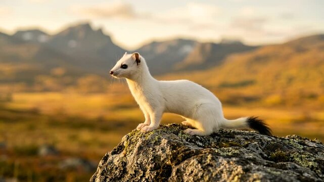 ermine close up in scottish highlands during golden light beautiful landscape video