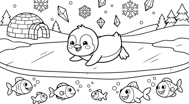Cute cartoon penguin standing on an ice floe with fish swimming underwater and snowflakes in the background