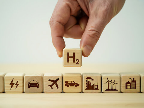 Hand holding wood block with h2 symbol