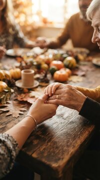 Senior woman and child holding hands at dining table during Thanksgiving dinner. Family together for holiday meal with pumpkin decoration. Connection, gratitude and love concept.