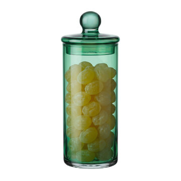 Tall sea green glass candy jar with stopper filled with lemon drops, transparent kitchen storage container, isolated on transparent
