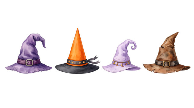 Set of four colorful witch hats isolated on white background for halloween design and magic themes