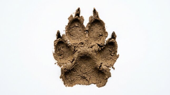 A single brown wolf paw print with dark claws isolated on a plain white background for wildlife and nature projects isolated on white background