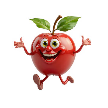 Happy red apple character with a friendly face jumping for joy and smiling with arms and legs