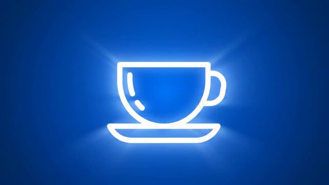Bright White Outline of a Coffee Cup with Saucer Illuminated Against a Blue Background