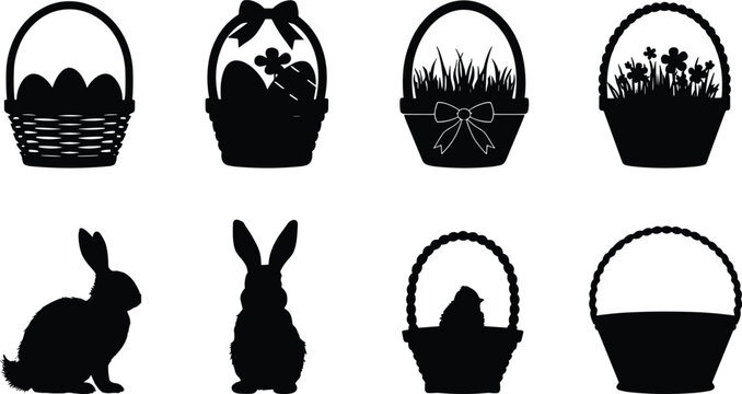 Easter basket and bunny silhouettes set featuring eggs, flowers, and chick icons isolated on white background