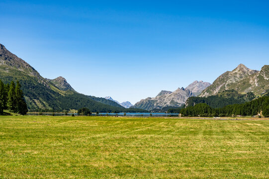 Panorama of the Upper Engadine, Switzerland, from the village of Sils Maria, in summer.