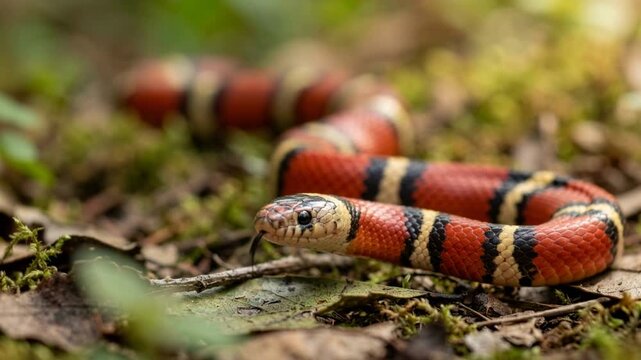 false coral snake close up in amazon rainforest morning light video