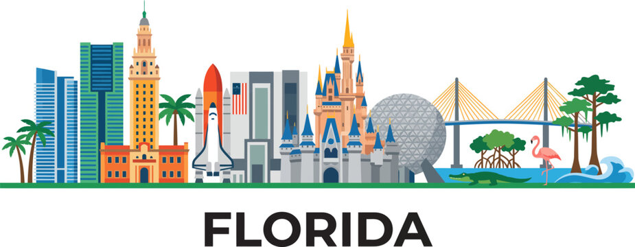 Colorful watercolor illustration of the florida skyline featuring iconic landmarks and famous tourist attractions isolated on white