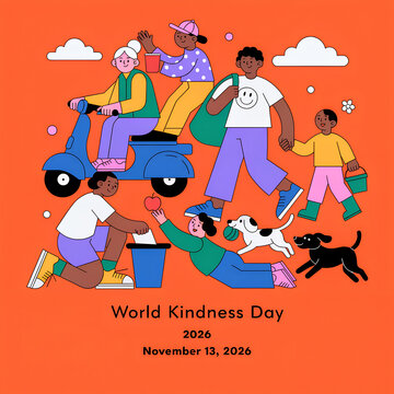 A charming illustration celebrates World Kindness Day 2026 on November 13, depicting diverse individuals and animals performing various acts of compassion and goodwill.