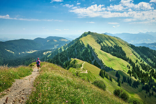 Active senior woman hiking along the scenic ridge of the Nagelfluh mountain range in the Allgaeu Alps with panoramic alpine views on a sunny summer day. Oberstaufen-Steibis, Allgaeu, Bavaria, Germany
