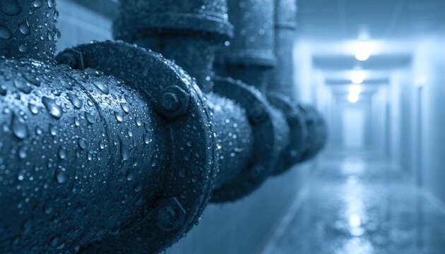 Wet industrial metal pipes with condensation droplets lining a blue-lit tunnel