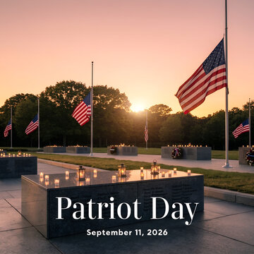 A solemn sunset scene commemorates Patriot Day on September 11, 2026, featuring multiple American flags flying at half-mast and candles flickering on dark memorial stones.