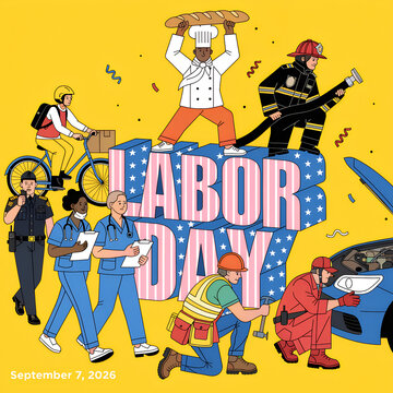 A lively illustration recognizes Labor Day on September 7, 2026, showcasing various essential workers including a chef, firefighter, doctor, mechanic, and delivery person.