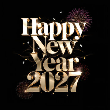 Bold 3D gold lettering for Happy New Year 2027 illuminates a dark background amidst bursting fireworks and confetti.