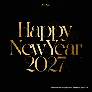 Luxurious gold text declares Happy New Year 2027 on a black background accented by faint fireworks and a minimalist 'New Year' caption.