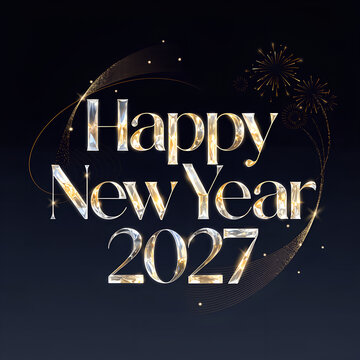 A sophisticated Happy New Year 2027 design features shimmering metallic text framed by elegant golden swirls and distant fireworks.