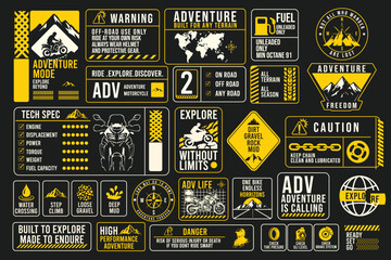 Naklejka premium Adventure Motorcycle Vector Elements Set for Off Road Travel and Outdoor Design