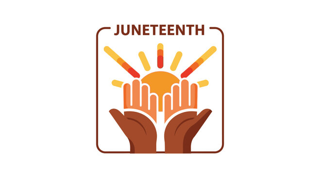 Juneteenth logo with hands and a rising sun.