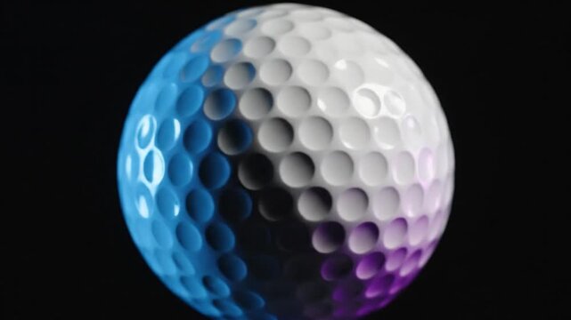 Rotating Golf Ball Illuminated with Blue, White, and Purple Light Against a Black Background