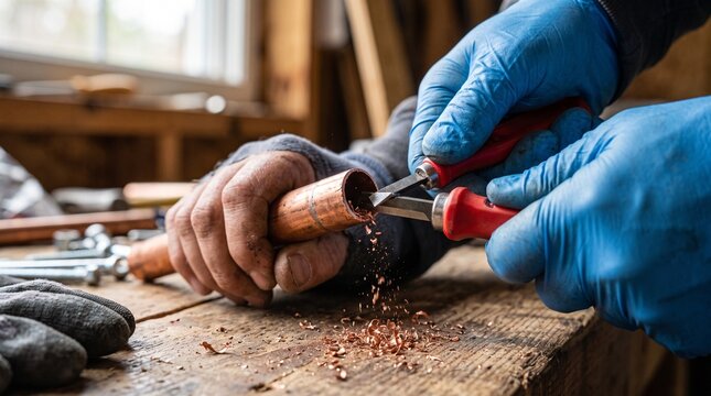 Plumber deburring copper pipe inside workshop using specialized tool
