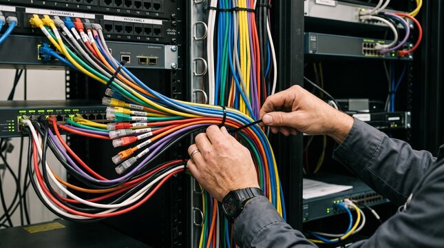 IT technician organizing network cables in a server rack datacenter