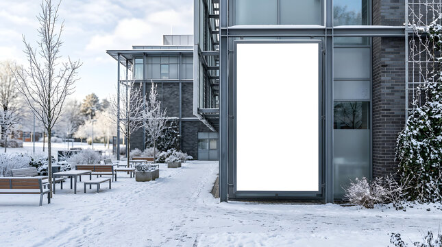 Blank Vertical Billboard Mockup on Modern Building Facade in Winter