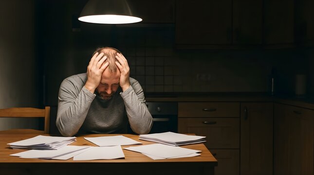 Stressed man sits at kitchen table with paperwork under dim light at night