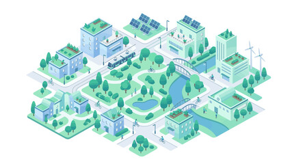 Fototapeta premium illustration of a modern eco-friendly city with parks renewable energy and community spaces showcasing sustainable urban living