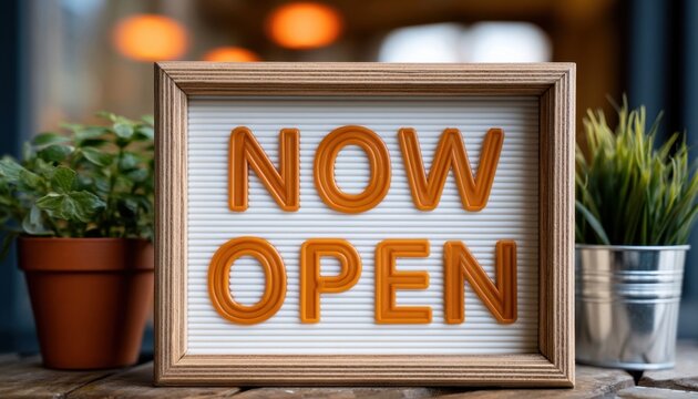 Wooden frame sign displaying orange now open text for small business storefronts and shop openings