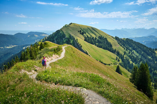 Active senior woman hiking along the scenic ridge of the Nagelfluh mountain range in the Allgaeu Alps with panoramic alpine views on a sunny summer day. Oberstaufen-Steibis, Allgaeu, Bavaria, Germany