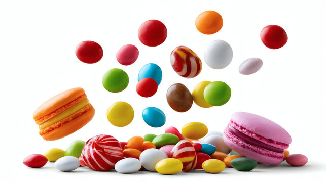 Colorful assortment of falling macarons and candy, isolated on white background. Vibrant sweets collection for dessert and confectionery concepts.