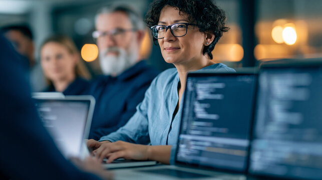 Diverse group of professionals attending a corporate workshop on AI development, a faceless instructor supervising as the team learns to code machine learning models on laptops,