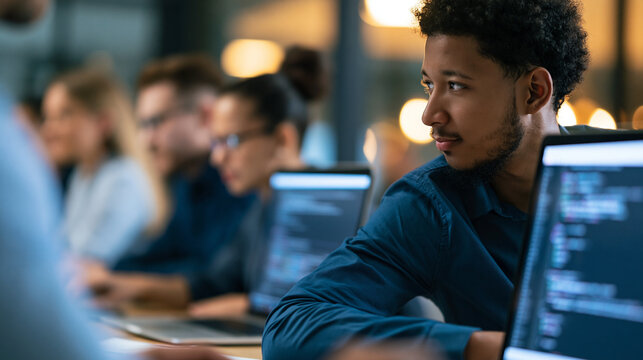 Diverse group of professionals attending a corporate workshop on AI development, a faceless instructor supervising as the team learns to code machine learning models on laptops,