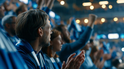 Fototapeta premium Back view of diverse faceless football fans celebrating in a packed stadium, raising hands, clapping and waving scarves during a professional championship match, slow-motion