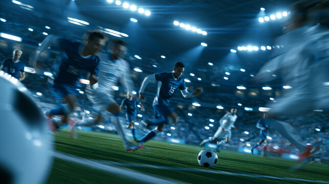 Soccer football championship stadium scene, blue team forward attacking and dribbling as the white team defends the goal, ready to counterattack, sports broadcast high-angle