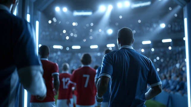 Faceless soccer players striding from the stadium tunnel onto the field, crowd cheering during a professional championship match at a major arena, with copy space