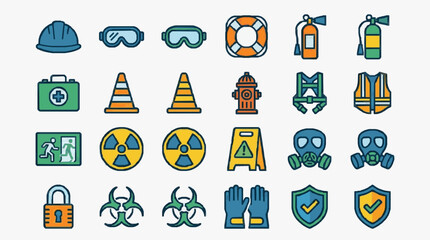 Fototapeta premium Dynamic Colorful Icons Set Featuring Safety Gear Emergency Symbols and Hazard Alerts in Vibrant Illustrations