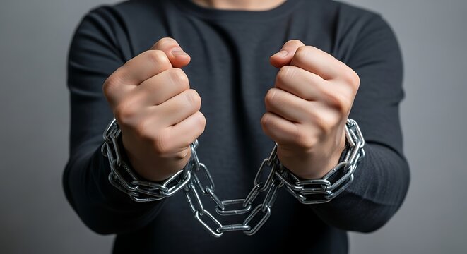 Close up of a person with hands bound in heavy silver metal chains representing captivity