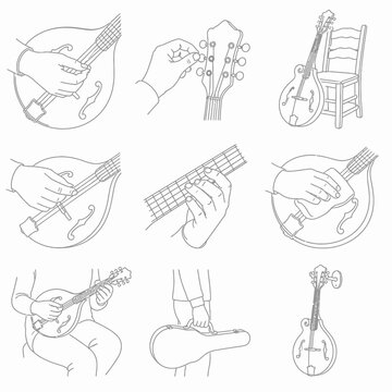 Vector line art illustration set featuring nine panels of mandolin playing techniques, tuning the headstock, cleaning the body, carrying a hard case, and instrument storage.